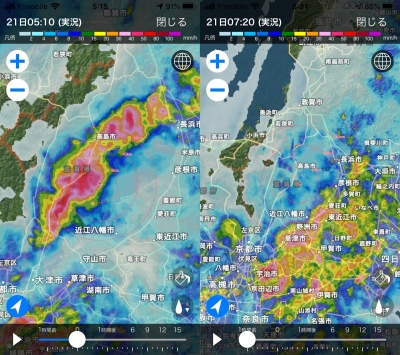 tenkijp雨雲レーダー画像（5月21日5時10分、7時20分）