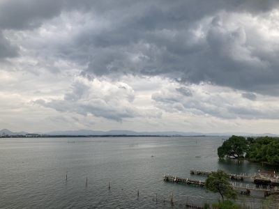 琵琶湖大橋西詰めから眺めた南湖。雨が降りそうで降らないややこしい天気が続きました（7月6日13時30分頃）