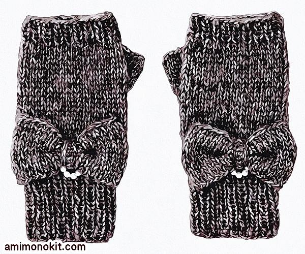 無料編み図Free Knitting Patternお揃いハンドウォーマー棒針編みミトン手袋初心者3