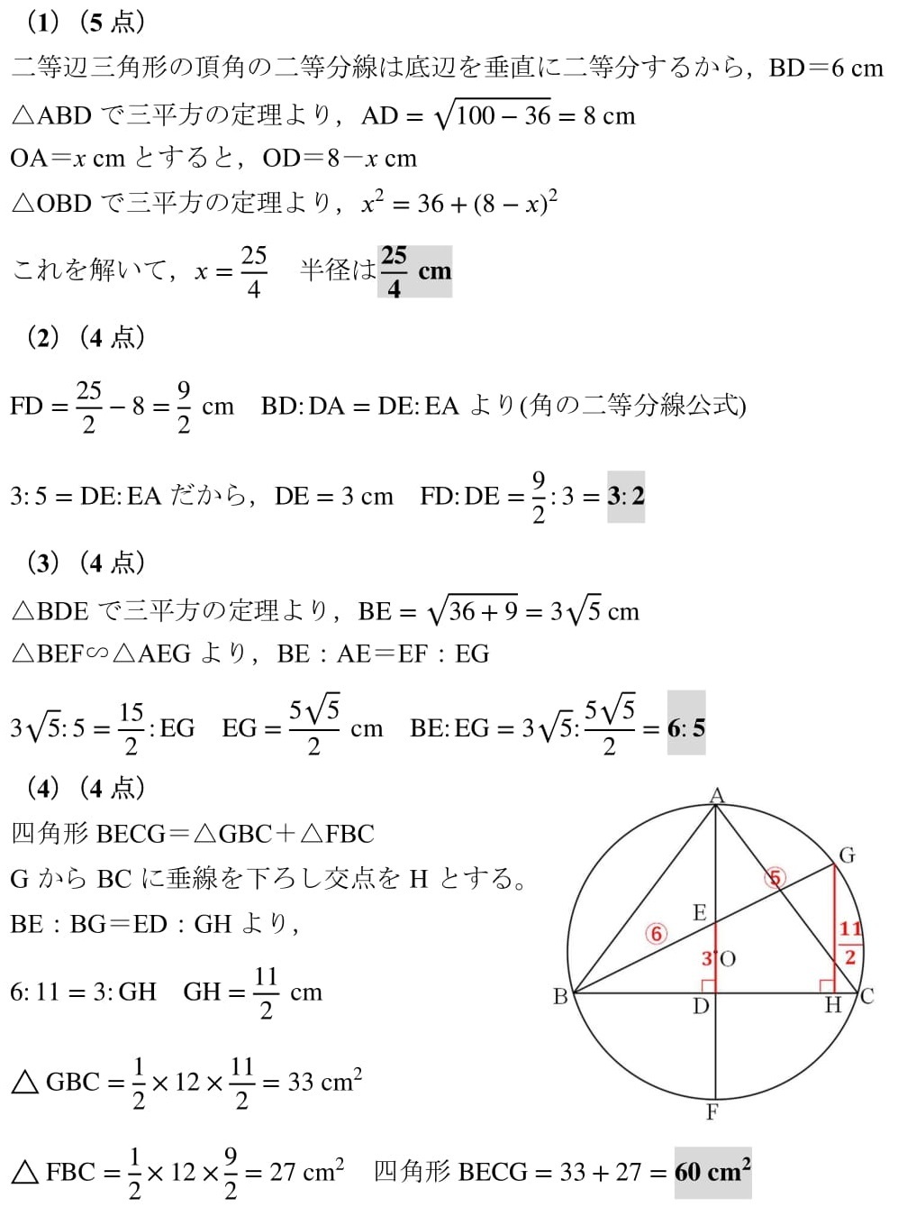 2014　立教　新座　高校　平面図形　円周角　三平方の定理　相似　難問　解答　解説