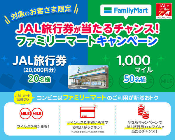 JALは、JAL旅行券やマイルが当たる、JALカード特約店「ファミリーマート」キャンペーンを開催！