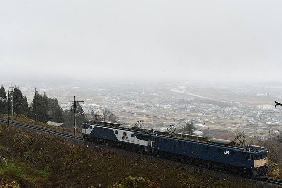 2021年11月27日撮影　篠ノ井線8087ﾚ　雪が降る中、姨捨の坂を駆け下りる