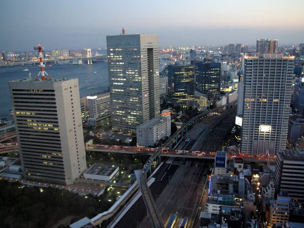 世界貿易センタービル40階展望台「シーサイドトップ」から見た風景。手前から東京ガス本社、浜松町ビルディング（東芝本社）、シーバンスN館S館の順に並ぶ。